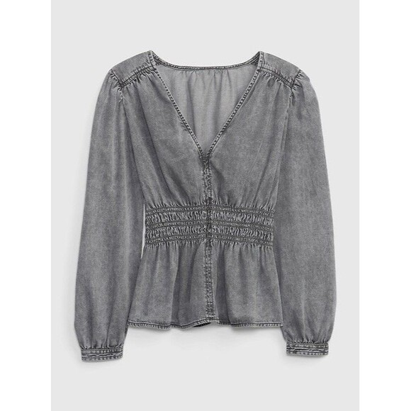 GAP Tops - GAP Women’s Gray Denim Blouse V-Neck Smocked Waist Puff Long Sleeve Size L